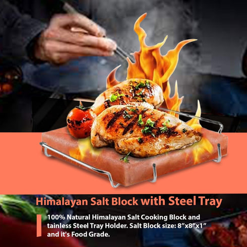 8x8x1 ZK Himalayan Salt Cooking Block Plate with Steel Tray Holder- Food Grade Rock Salt for Grilling, Cutting