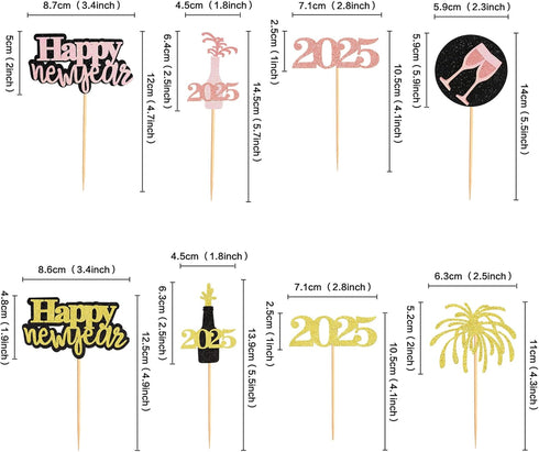 24 Pcs Happy New Year Cupcake Toppers, Glitter Rose Gold and Gold, Cheers to 2025 Decoration
