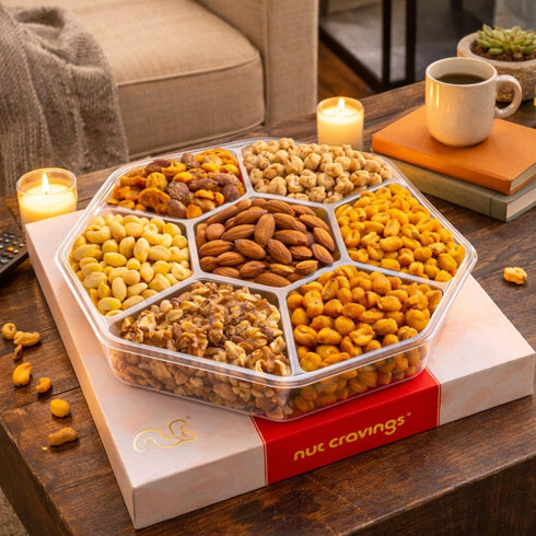 (7 1 LB) Package, NUT CRAVINGS - Mothers Day Treats, Mixed Nuts Gift Basket in Red Gold Classic Box Assortments, Treats