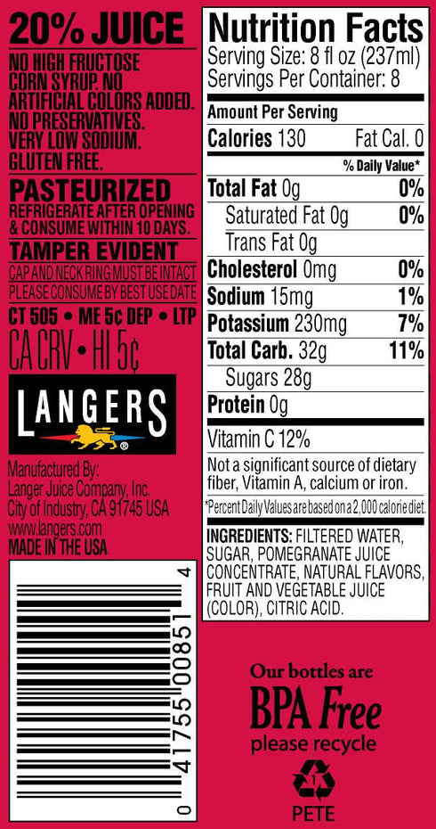 64 Oz (Pack 8) Langers Juice Cocktail, Pomegranate, Fl