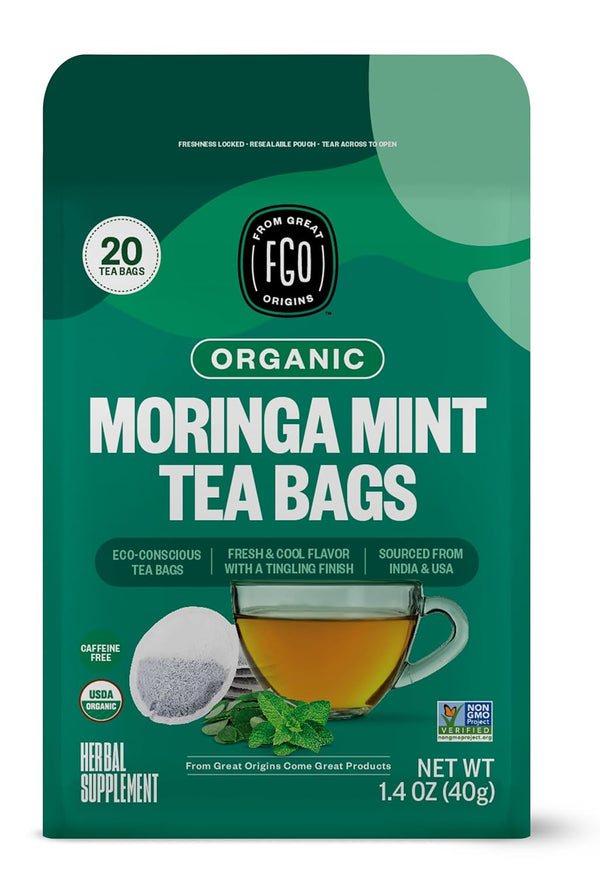 FGO Organic Moringa Mint Tea, 20 Count Eco-Conscious Herbal Tea Bags, Caffeine Free