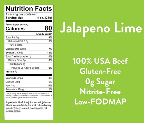 1 (12 Pack) Good Fod Foods Jalapeno Lime Meat Sticks Low FODMAP Snacks for a Healthy Gut, Zero Sugar Jerky Sticks, Keto
