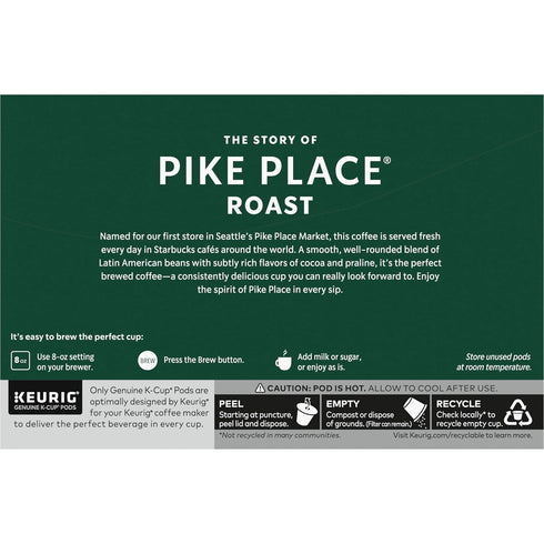 60 Starbucks K-Cup Coffee Pods, Medium Roast Hot or Iced Coffee, Pike Place Roast, Keurig Pods