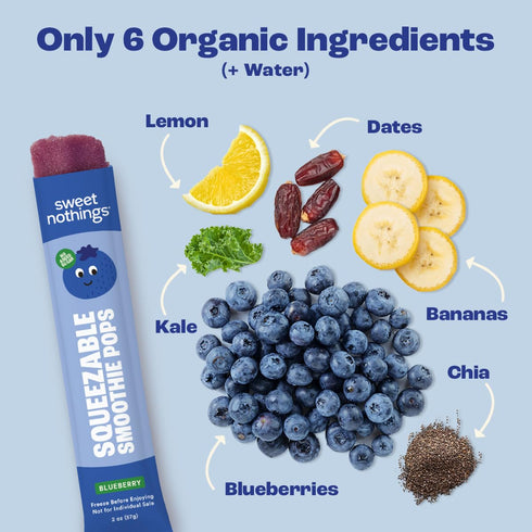 Pack 24 Sweet Nothings, Blueberry, USDA Organic Kids' Squeezable Super Fruit Smoothie Freezie Pops, Value