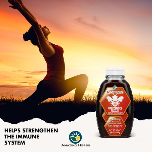 Immune 16 Oz Amazing Herbs Raw Natural Honey - Herbal Honey Infused with Ginseng, Ginger, Ginkgo Extracts & Pure Black