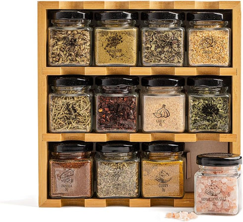 3-Tier 12 12 TILZ GEAR Wooden Spice Rack, Filled Glass Jars, Organic Spices Included, Brown