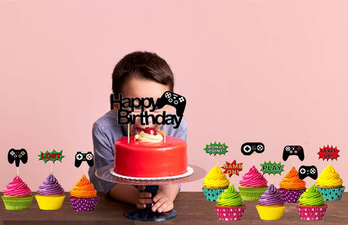 11 Pcs Video Game Happy Birthday Cake Toppers Set - Game Controllers Cupcake Decorations Picks for Kids or Man Party
