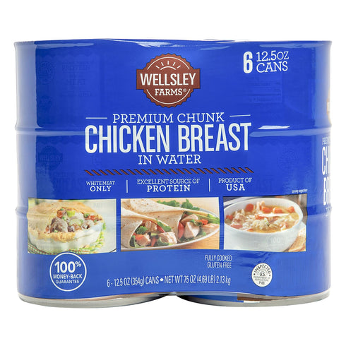 Wellsley Farms Premium Chunk Chicken Breast in Water, Fully Cooked Boneless Skinless, For Prepared