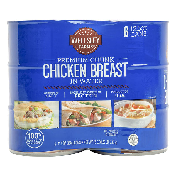 Wellsley Farms Premium Chunk Chicken Breast in Water, Fully Cooked Boneless Skinless, For Prepared