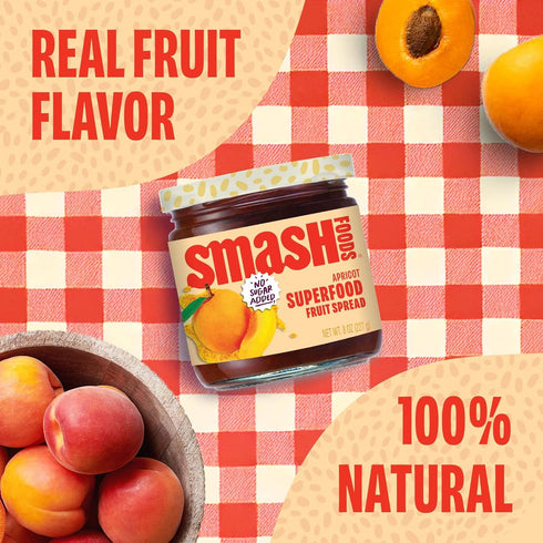 6 8 oz Smash Foods Apricot Jam Superfood Spread Jars with No Added Sugar Made with Chia Seeds Dates and Upcycled Fruit