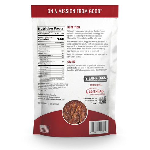 (26g 190 12oz (1 count) Ovation Foods Steak-N-Eggs Beef Strips, Zero Sugar, High-Protein Jerky premium protein), Gluten
