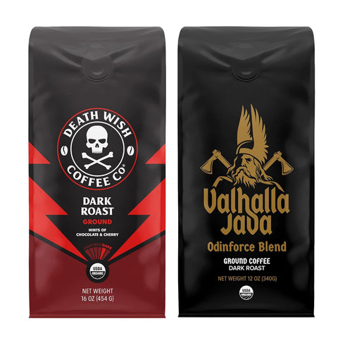 Death Wish Coffee, Dark Roast Ground 16 oz & Valhalla Java Ground