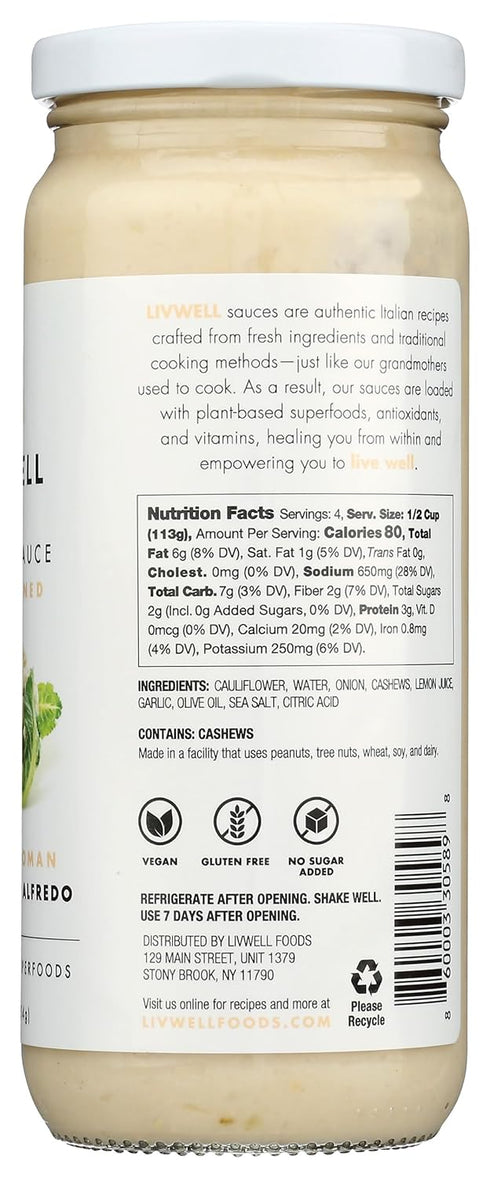 LIVWELL Creamy Roman Cauliflower Alfredo Pasta Sauce, 16 OZ