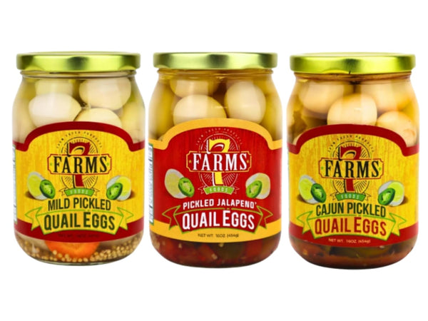 7 Farms Pickled Quail Egg Variety 3 Pack - Mild, Jalapeno, and Cajun Flavors