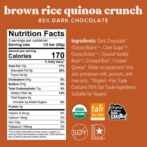 85% 6 Pack Theo Chocolate Brown Rice Quinoa Crunch Organic Dark Chocolate Bar, Cacao, | Vegan, Fair Trade