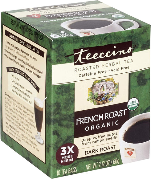 Teeccino French Roast Herbal Tea, 10 Tea Bags - Caffeine Free & Prebiotic Coffee Alternative