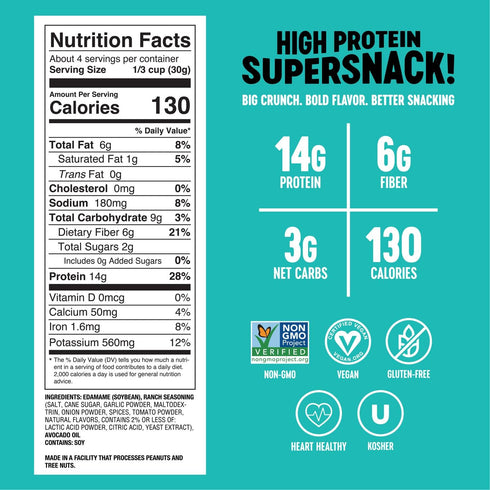 4oz (Pack 3) The Only Bean Edamame Dry Roasted Low Carb Snacks (Ranch), Vegan Gluten Free Snacks, Healthy Snacks