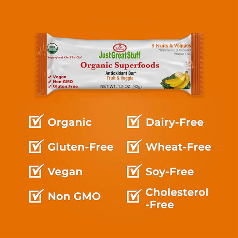 12 Pack Just Great Stuff Organic Protein Bars, Superfood Fruit and Vegetable Bars, Gluten Free, Vegan, Non GMO, Snacks