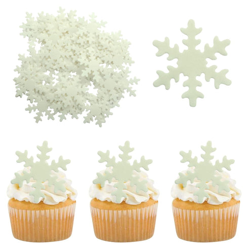 Gyufise 50Pcs White Edible Cupcake Toppers, Snowflakes Cake Decoration for Christmas Winter Birthday Party Supplies