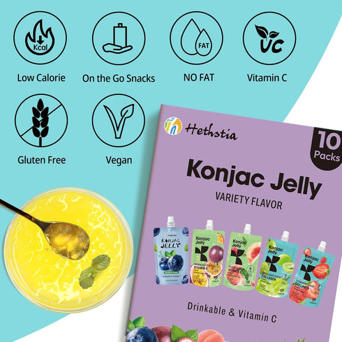 10 Pack Pack, 10 Hethstia Konjac Noodle Variety and Konjac Jelly Variety Pouches Drinkable Jelly Blueberry, Peach