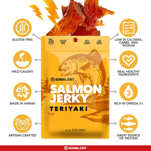 Omega-3 3-Pack (2oz Kaimana Jerky Wild Caught Salmon Teriyaki Jerky - Organic Sweet & Savory Dried Fish Strips, Rich