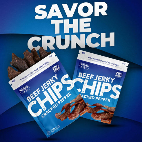 28g (2 Wicked Cutz Cracked Pepper Beef Jerky Chips, Protein per Bag, Crispy & Crunchy Beef Jerky Crisps, USA Made