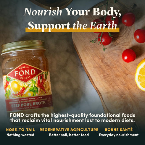 Slow-Simmered 14 oz (4-Pack) FOND Regenerative Grass Fed Beef Bone Broth Infused with Organic Ginger & Cayenne Beef