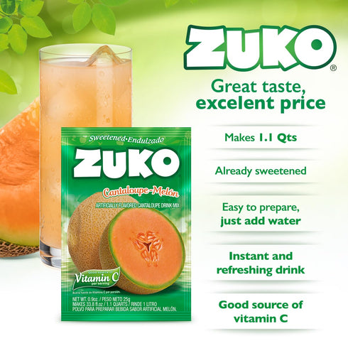 48 Packets Zuko Cantaloupe Powdered Drink Mix, No Added Sugar Needed, Ct Individual