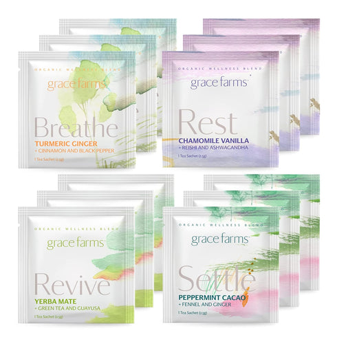Grace Farms Wellness Organic Tea Blend Variety Box, 12 Sachets | BREATHE, REST, REVIVE, SETTLE with Adaptogens