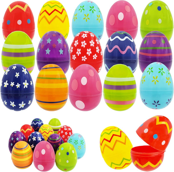 Chochkees Printed Easter Eggs 100-Pack Fillable with Hinge Bulk Colorful Painted Plastic Easter