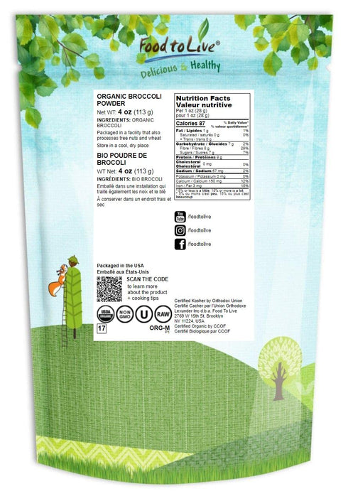 Food to Live Organic Broccoli Powder, 4 Ounces, Non-GMO, Raw, Kosher, Vegan Superfood for Juices and Smoothies