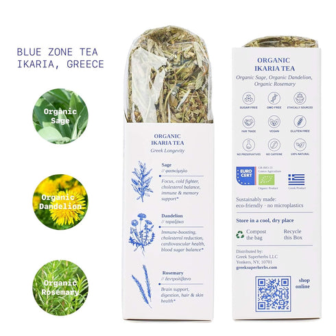 100% 50G (1.8 OZ) (30 IKARIA Tea | Blue Zone Herbal Tea for Longevity | Sage, Dandelion, Rosemary | ORGANIC