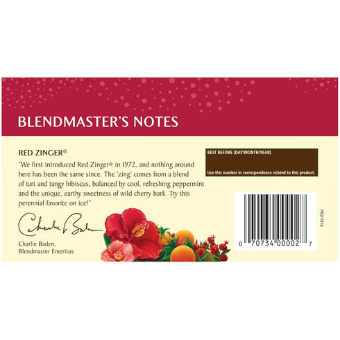 20 Celestial Seasonings Hibiscus Tea, Red Zinger Herbal Tea, Caffeine Free, Tea Bags