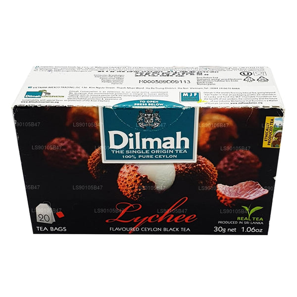 DILMAH Lychee Flavored Black Ceylon Tea - 20 Individually Wrapped Tea Bags, Premium Blend