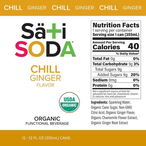 (9g), 12 Pack Sati Soda Ginger Functional Ginger Soda with Chamomile Low Sugar Organic Sparkling Drink for Calm