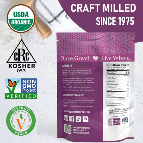5 Lb Great River Milling Organic Whole Grain Rye Berries | High-Fiber, Nutrient-Rich Ancient Grain | Non-GMO, Kosher |