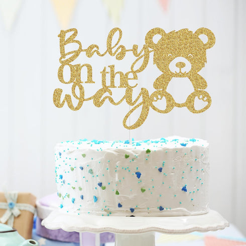 Heddonar Glitter Baby On The Way Cake Topper - Pregnancy Announcements Cake Topper, Baby Bear Gender Reveal Birthday