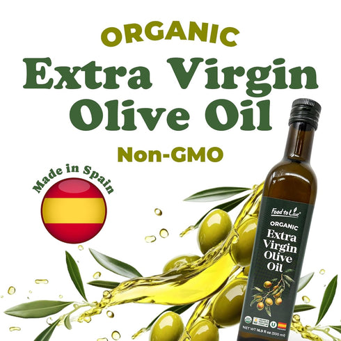 16.9oz (500ml) (Pack 2) Food To Live Organic Extra Virgin Olive Oil, Cold-Pressed. Polyphenol Rich. Non-GMO. Glass