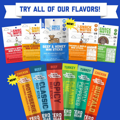 Pack, 10 Count New Primal Meat Sticks Sampler, Grass-Fed Beef, All Natural Chicken, Keto & Gluten Free Healthy Snacks