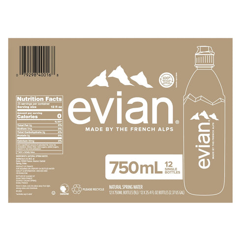 750 ml (25.36 12 Pack evian Natural Spring Water, fluid ounce) Water Bottle with Sports Cap