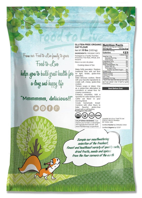 8 Food to Live Gluten-Free Organic Oat Flour, Pounds - Stone Ground from Whole Grain Oat Berries, Great for Baking
