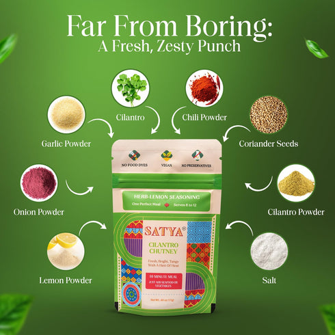 5 17g Satya Cilantro Chutney Powder Herb & Lemon Indian Seasoning Mix Fresh Sachets x Zesty Dry Chutney Powder