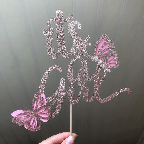 ALISSAR New Double Sided Rose Gold Butterfly Baby Shower Cake Topper Set, It's A Girl Cake Topper & 16 Pink Butterflies