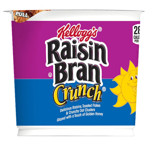 33.6oz (12 Kellogg's Raisin Bran Crunch Breakfast Cereal Cups, Fiber Cereal, Made with Real Fruit, Original, Case Cups)