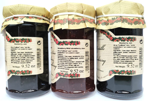 Les Confitures la Ancienne 9.5 Oz Artisanal French Jams Berry Variety | Wild Blueberry, Wild Strawberry and Blackberry