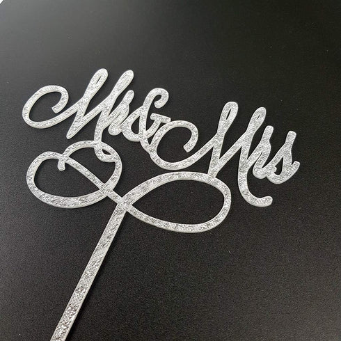 Mr and Mrs Cake Topper Bride and Groom Sign Wedding Engagement Decorations - Silver Glitter Acrylic