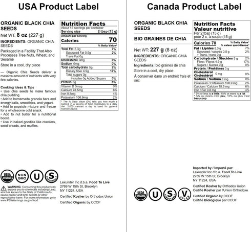 Food to Live Organic Black Chia Seeds, 8 Ounces, Non-GMO, Vegan, Kosher, Keto, Bulk, Rich in Fiber & Protein