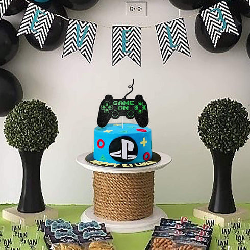 Game On Big Cake Topper - Black and Green Glitter Video Game Controller Cake Decorations for Kids