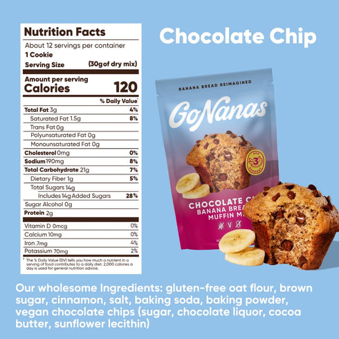 1pk GoNanas Chocolate Chip Oat Flour Banana Bread Mix, Suitable for Plant Based Vegan Diets, Gluten Free Dairy Free