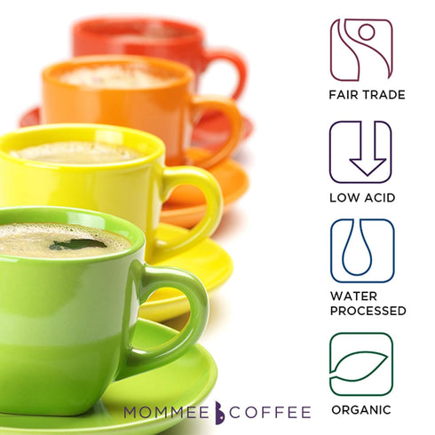 Mommee 100% 11 oz Coffee Half Caf Ground Low Acid Coffee - Arabica Organic Coffee Beans with Smooth Caramel Flavor